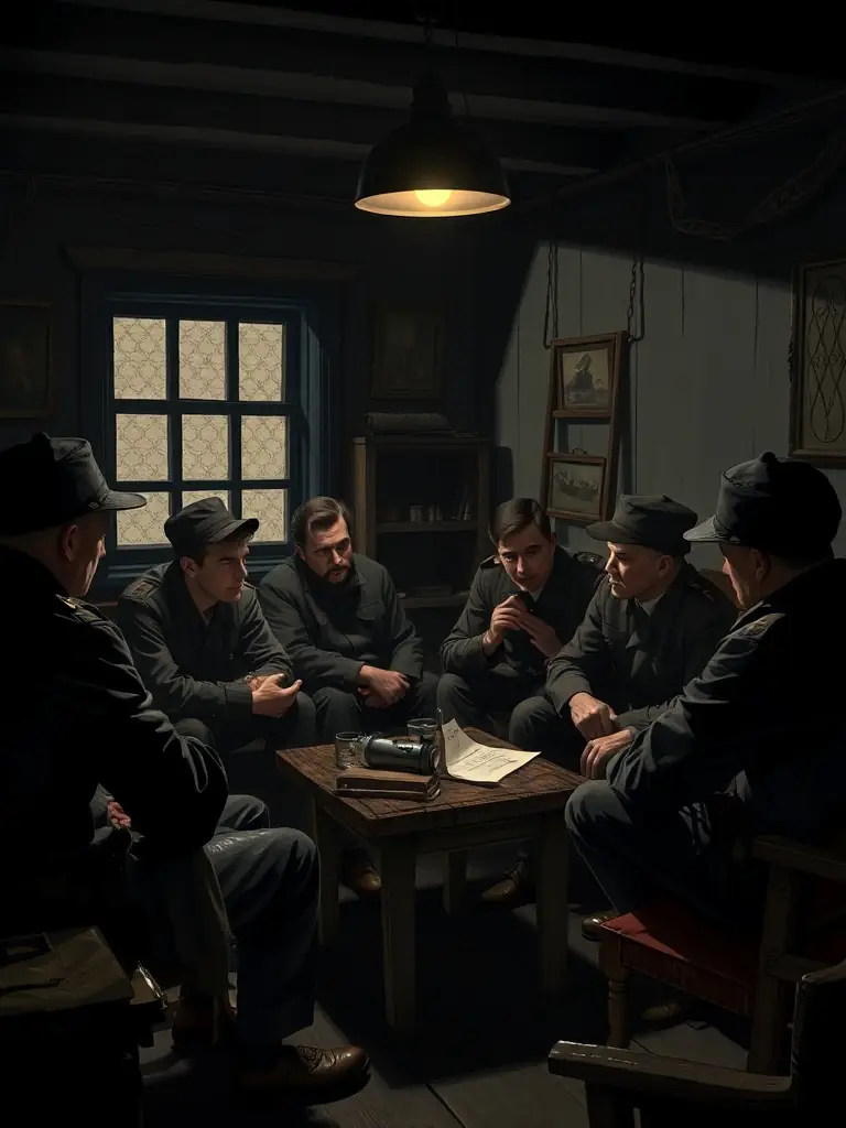 A black and white photograph of a clandestine meeting of Resistance members in a dimly lit room, circa 1943, showcasing their determination and secrecy.