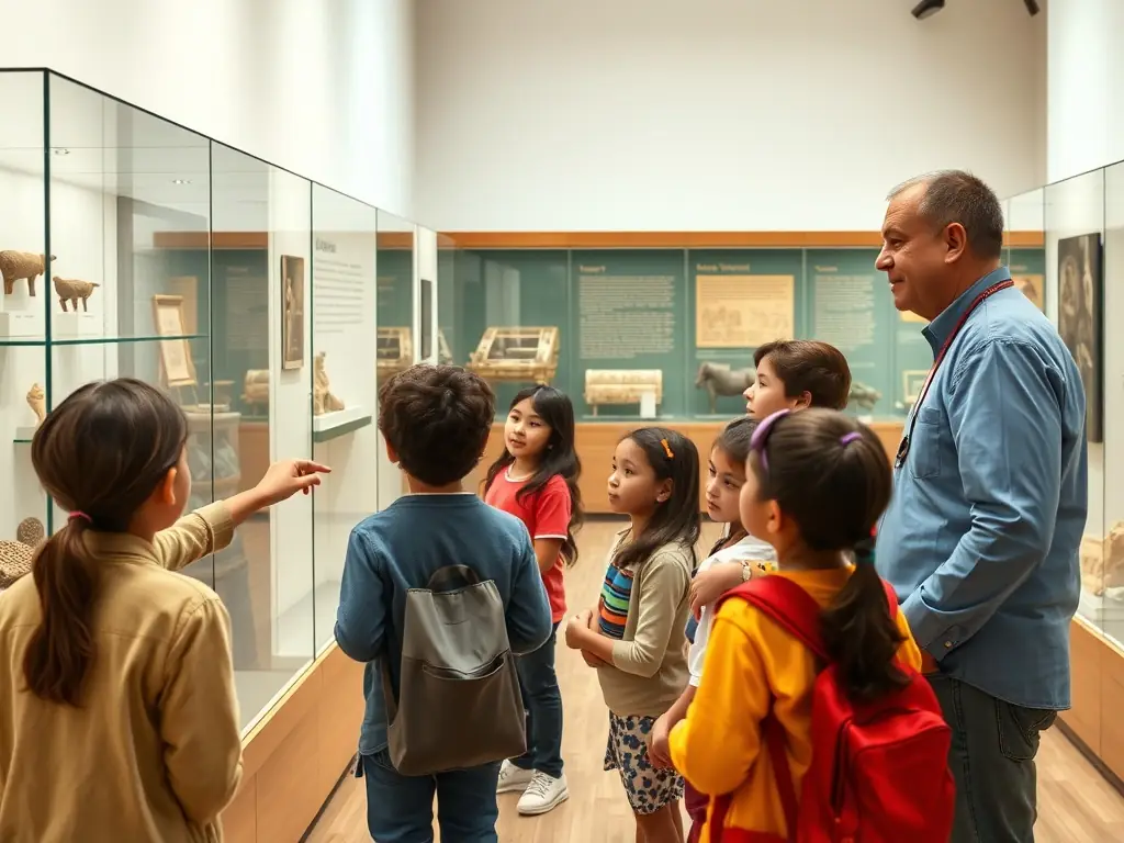 A photograph of a museum educator leading a guided tour for a school group through an exhibition at the ASS MUSEE RESISTANCE ANTERIEUX 7IEME CIE. The educator is pointing out key artifacts and explaining their significance to the students, who are listening attentively.
