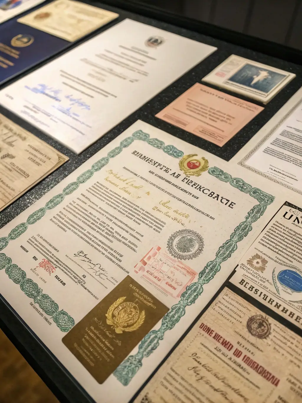 A collection of forged documents and identity cards used by Resistance members to evade capture, demonstrating their ingenuity and resourcefulness.