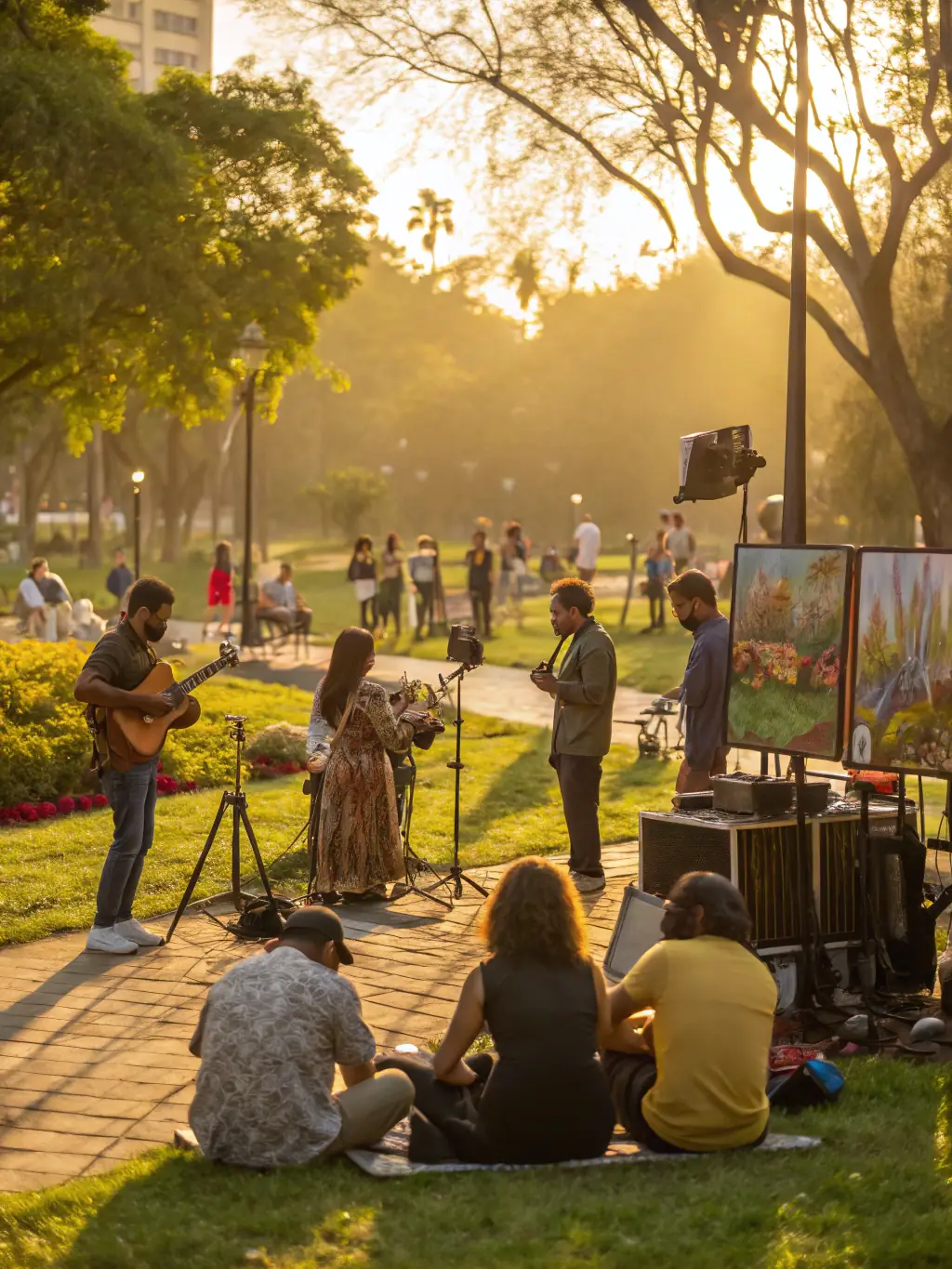 A lively community gathering with speakers, performances, and commemorative activities. People of all ages are participating, creating a sense of unity and shared history.