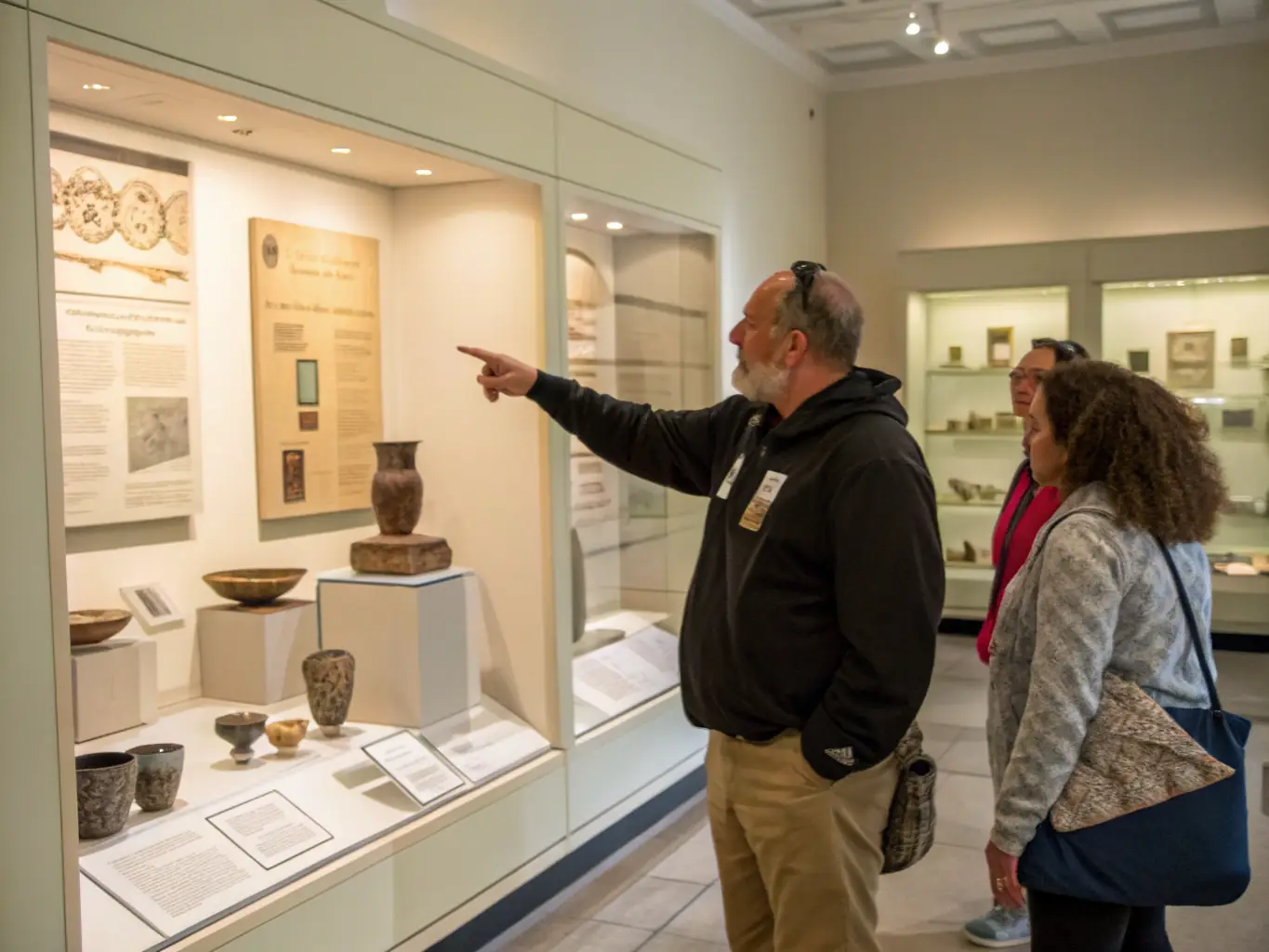 A museum guide leading a group of visitors on a guided tour of the ASS MUSEE RESISTANCE ANTERIEUX 7IEME CIE, highlighting key exhibits and sharing stories of the individuals involved in the French Resistance. The tour takes place within the museum's main exhibition hall, showcasing artifacts and historical displays.