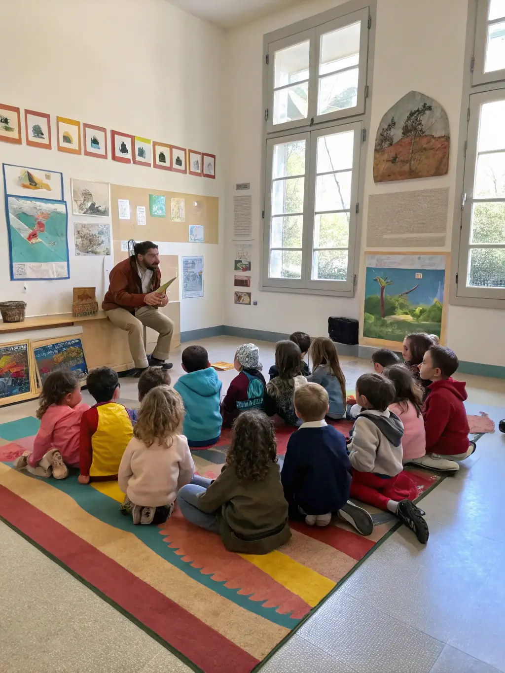 A group of students participating in a guided educational tour with a museum educator. The students are actively engaged, asking questions and interacting with the exhibits.