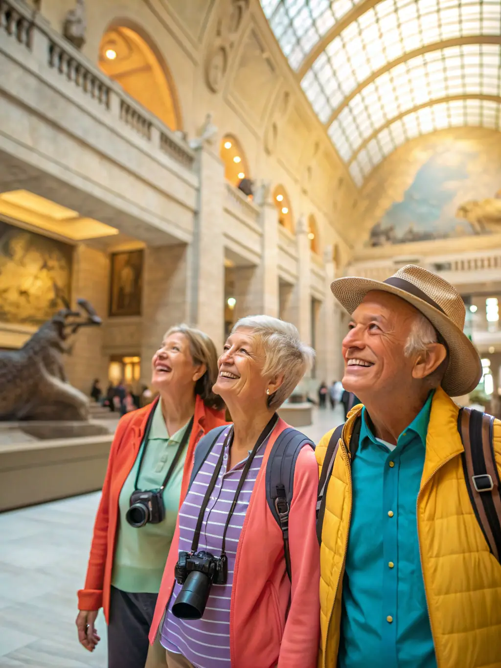 A vibrant exhibition hall filled with historical artifacts, photographs, and interactive displays illustrating the Resistance. The hall is well-lit and inviting, with visitors of all ages exploring the exhibits.