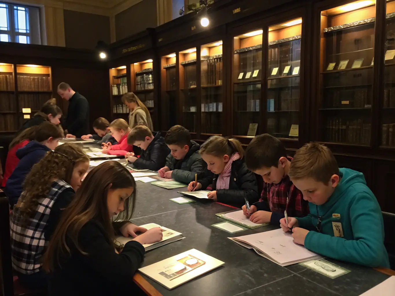 A group of students actively participating in a workshop at the ASS MUSEE RESISTANCE ANTERIEUX 7IEME CIE, focusing on the tactics and strategies used by the French Resistance during World War II. The setting is a classroom environment within the museum, with historical documents and artifacts displayed in the background.