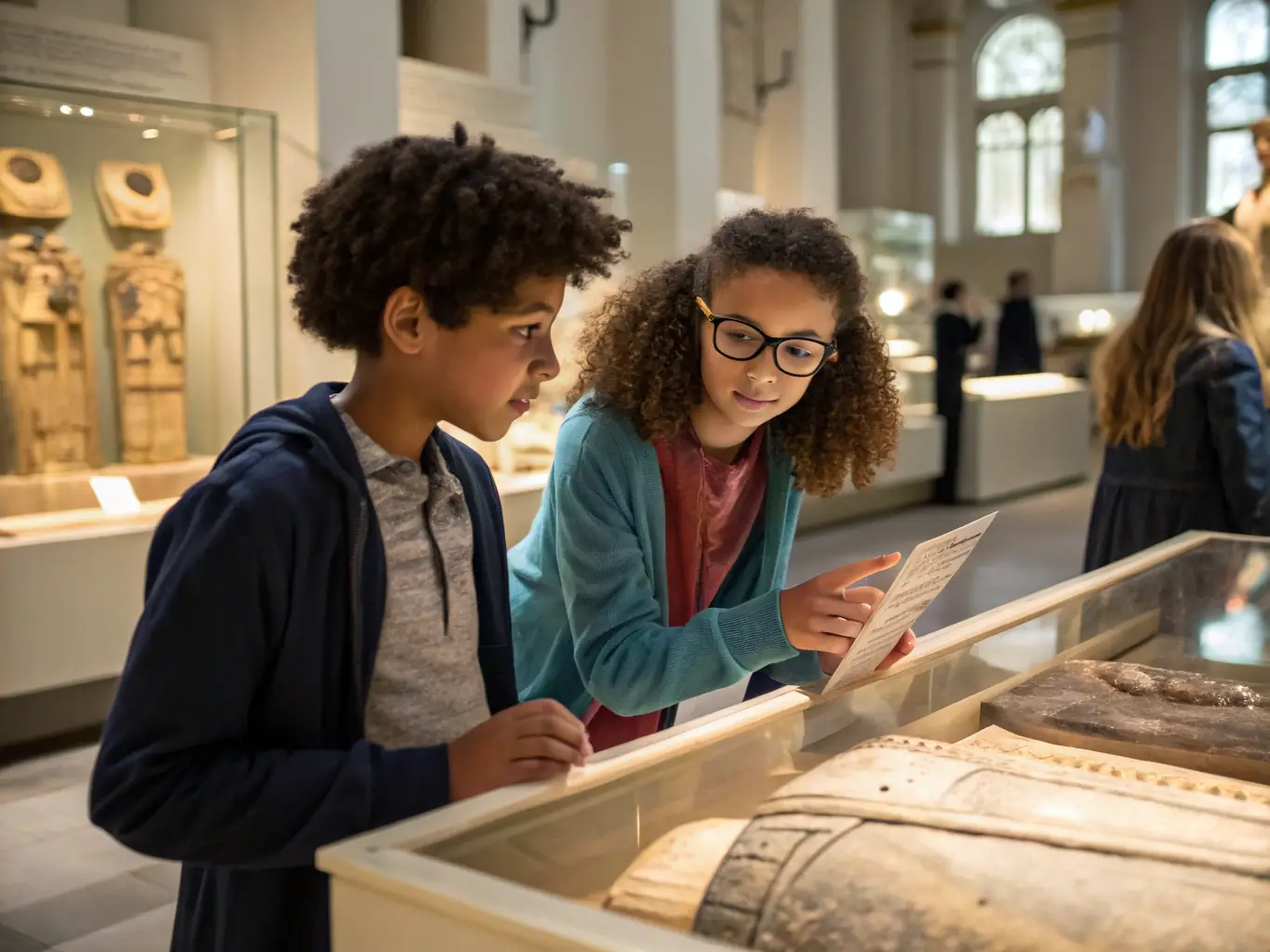 A group of students actively participating in a workshop at the ASS MUSEE RESISTANCE ANTERIEUX 7IEME CIE, focusing on the history of the French Resistance. The scene captures the students engaged in hands-on activities, examining artifacts, and discussing historical events with a museum educator.
